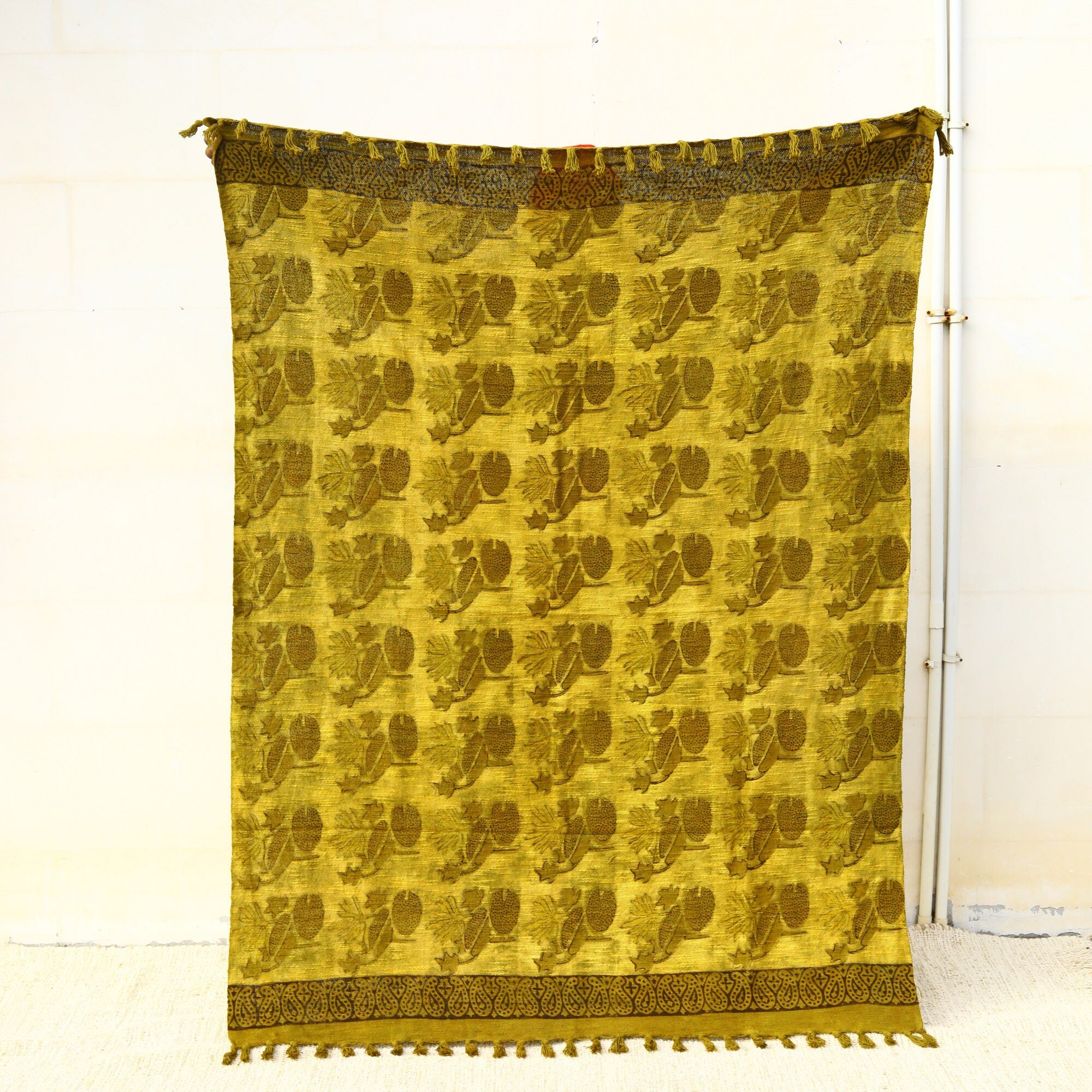 Lotus Print Ajrakh Printed Cotton Slub Throw In Mustard Yellow - Image 3
