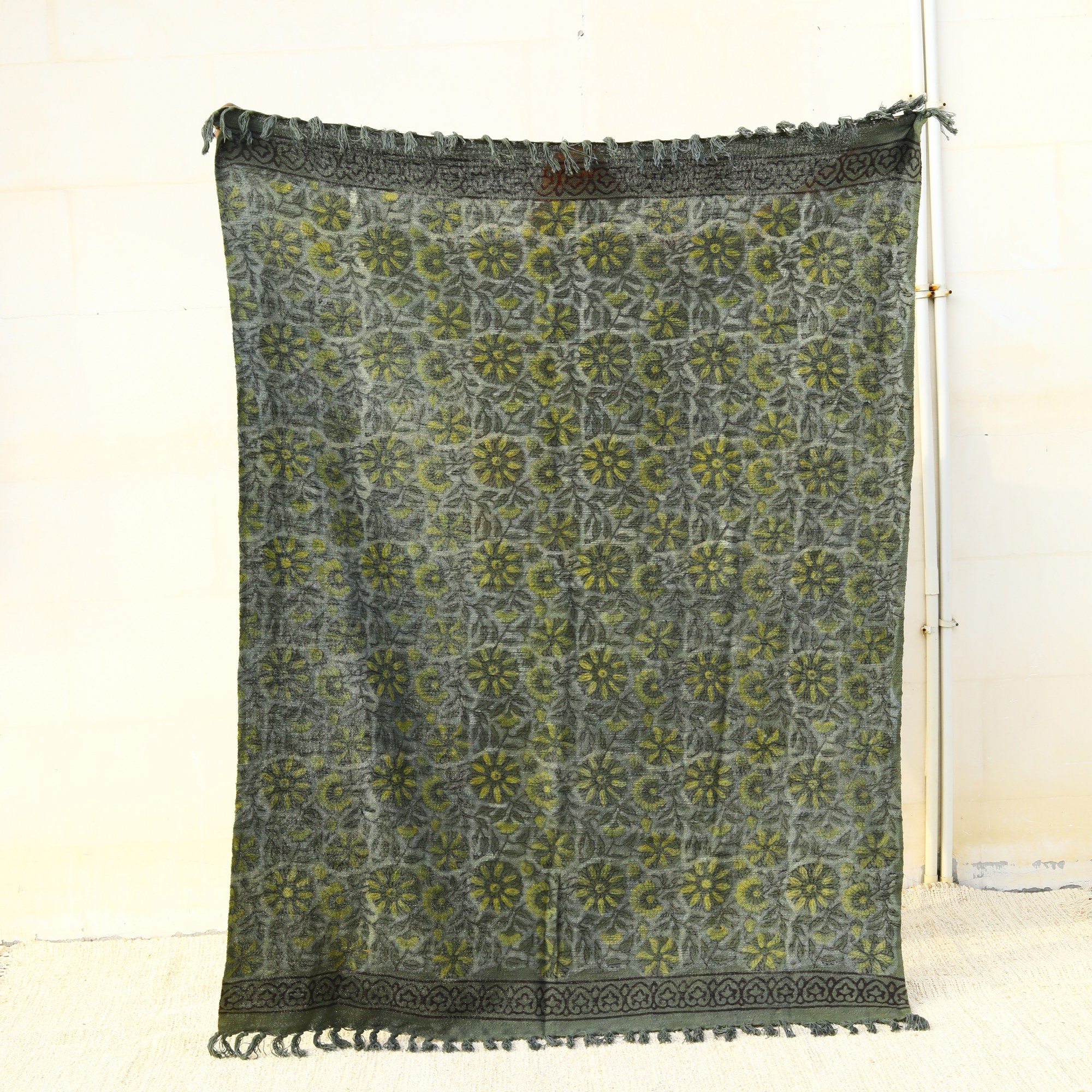 Garden Vibe Ajrakh Printed Cotton Slub Throw In Herbal Green Colour - Image 2