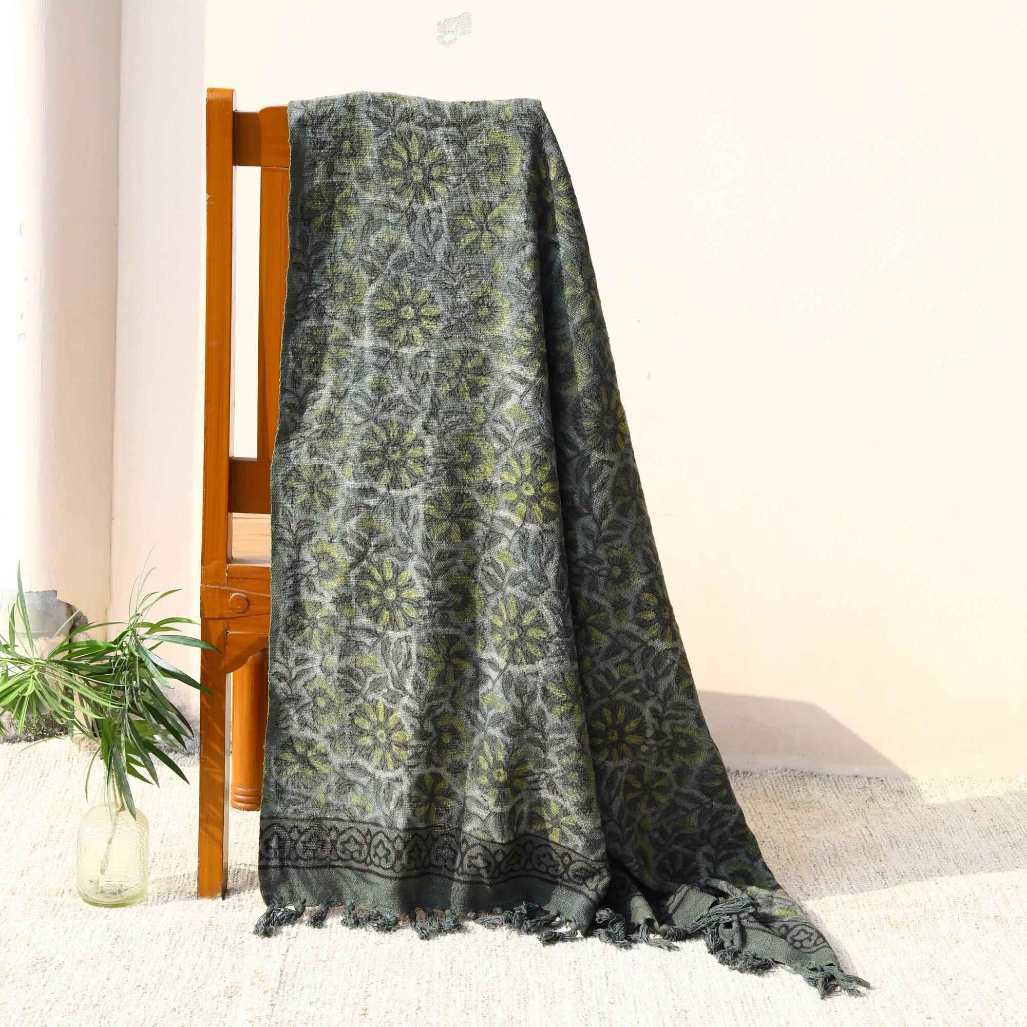 Garden Vibe Ajrakh Printed Cotton Slub Throw In Herbal Green Colour - Image 3