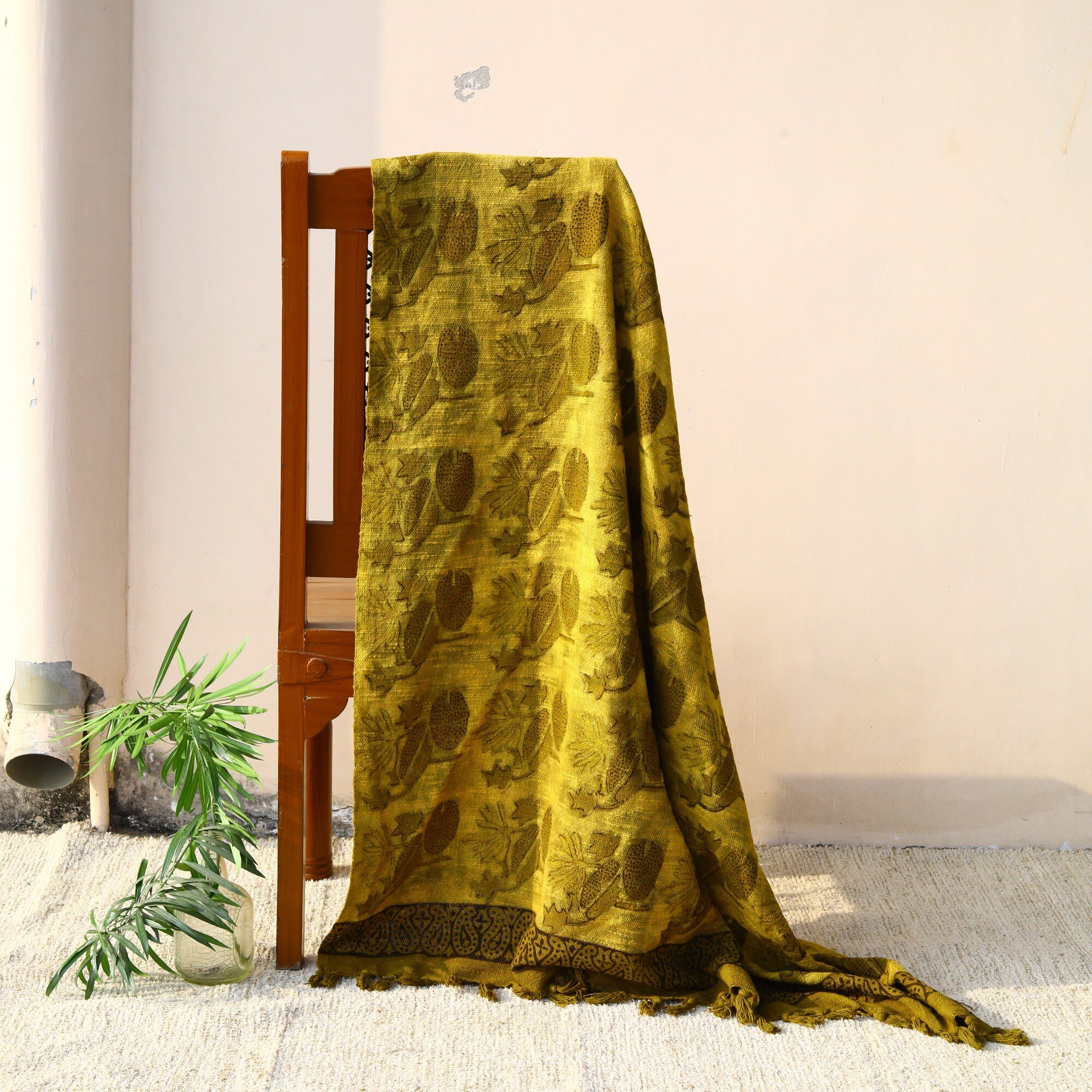 Lotus Print Ajrakh Printed Cotton Slub Throw In Mustard Yellow - Image 4