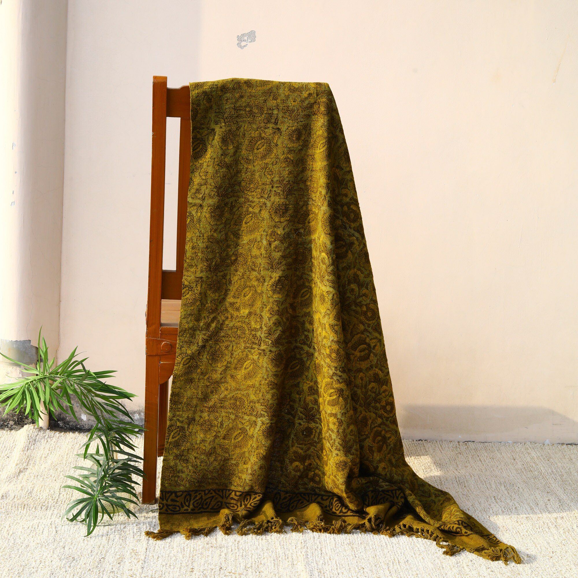 The Timeless Beauty Ajrakh Printed Cotton Slub Throw In Golden Mustard - Image 4