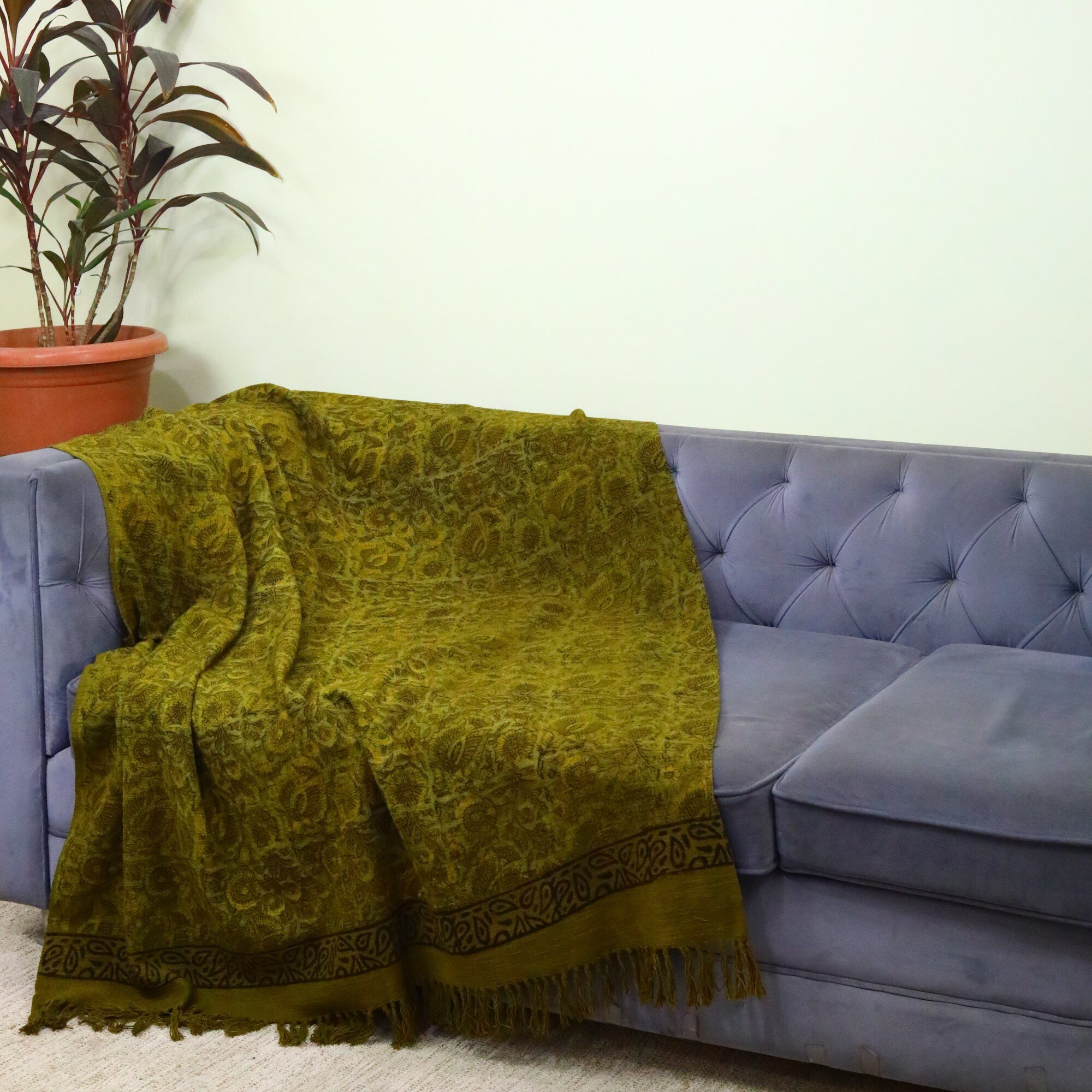 The Timeless Beauty Ajrakh Printed Cotton Slub Throw In Golden Mustard