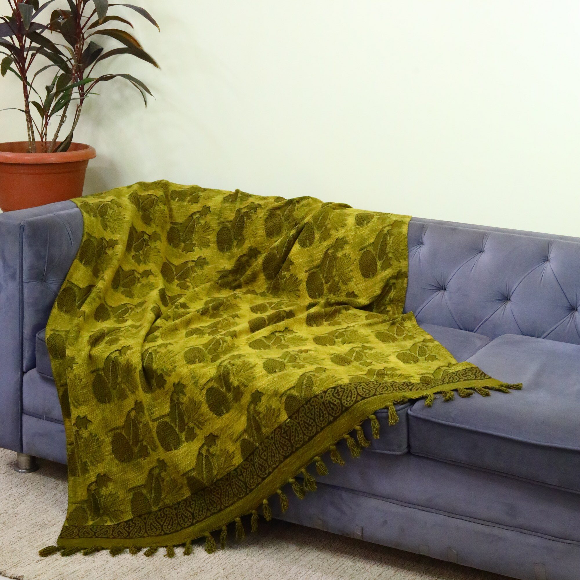 Lotus Print Ajrakh Printed Cotton Slub Throw In Mustard Yellow