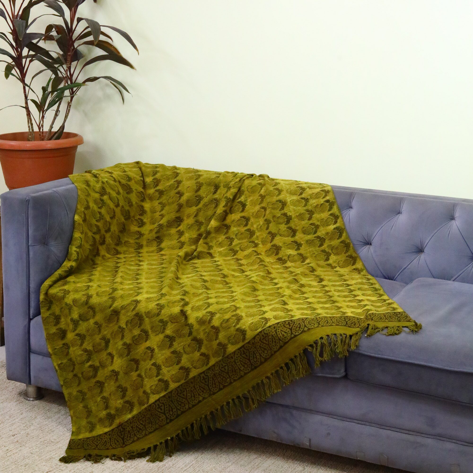 Paisley Design Ajrakh Printed Cotton Slub Throw In Mustard Yellow