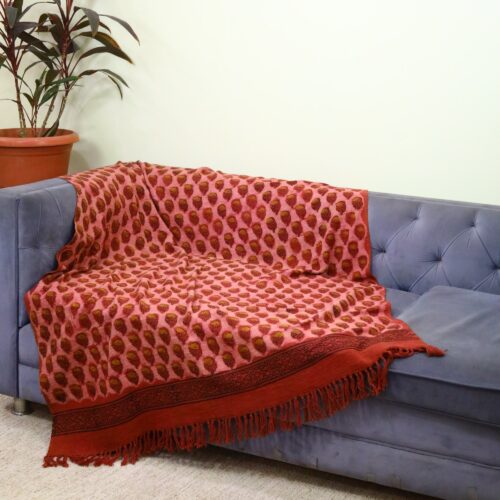 Beautiful Style Small Flowers Ajrakh Printed Cotton Slub Throw