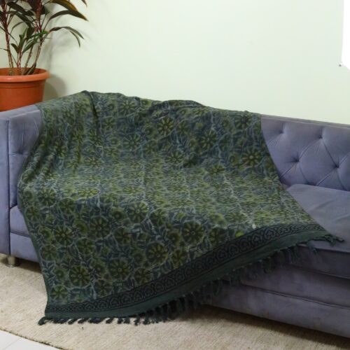 Garden Vibe Ajrakh Printed Cotton Slub Throw In Herbal Green Colour