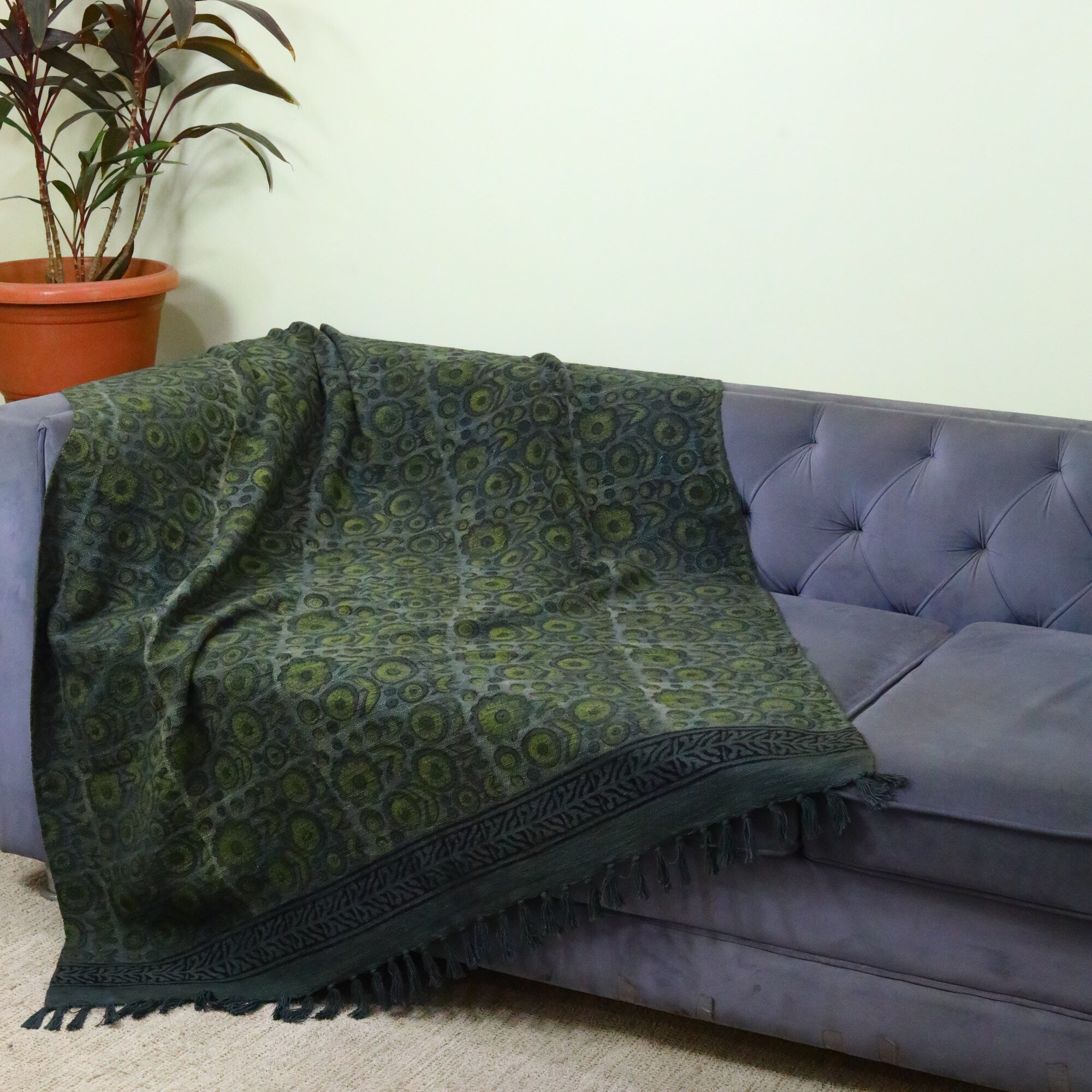 Floral Jaal Ajrakh Printed Cotton Slub Throw In Herbal Green Colour