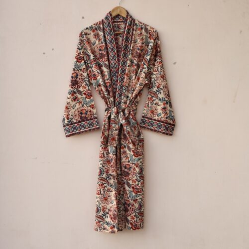 Bloom Haven Block Printed Cotton Kimono With Spacious Pockets