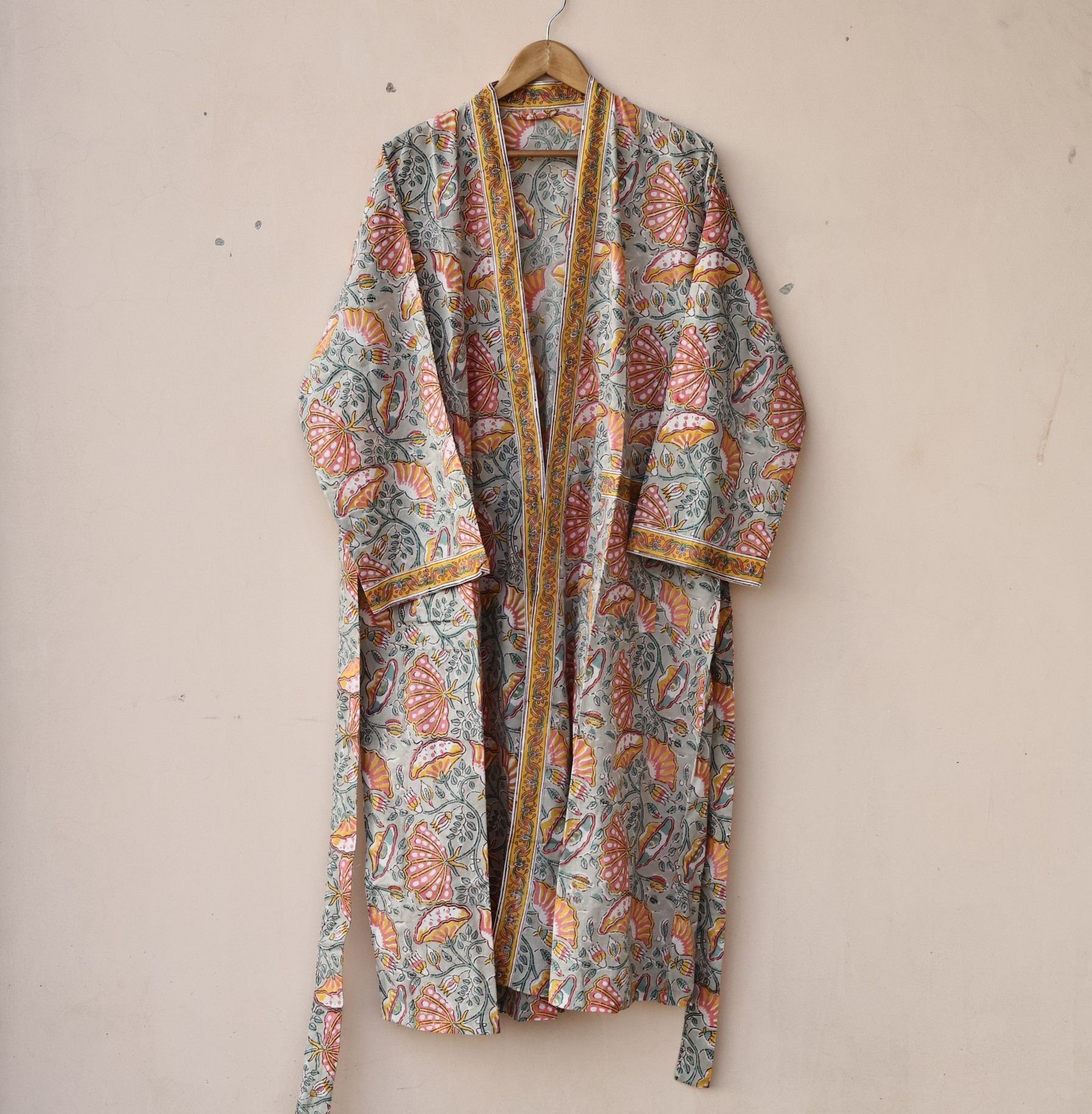 Blossom Breeze Block Printed Cotton Kimono In Beige & Multicolor With Spacious Pockets - Image 2