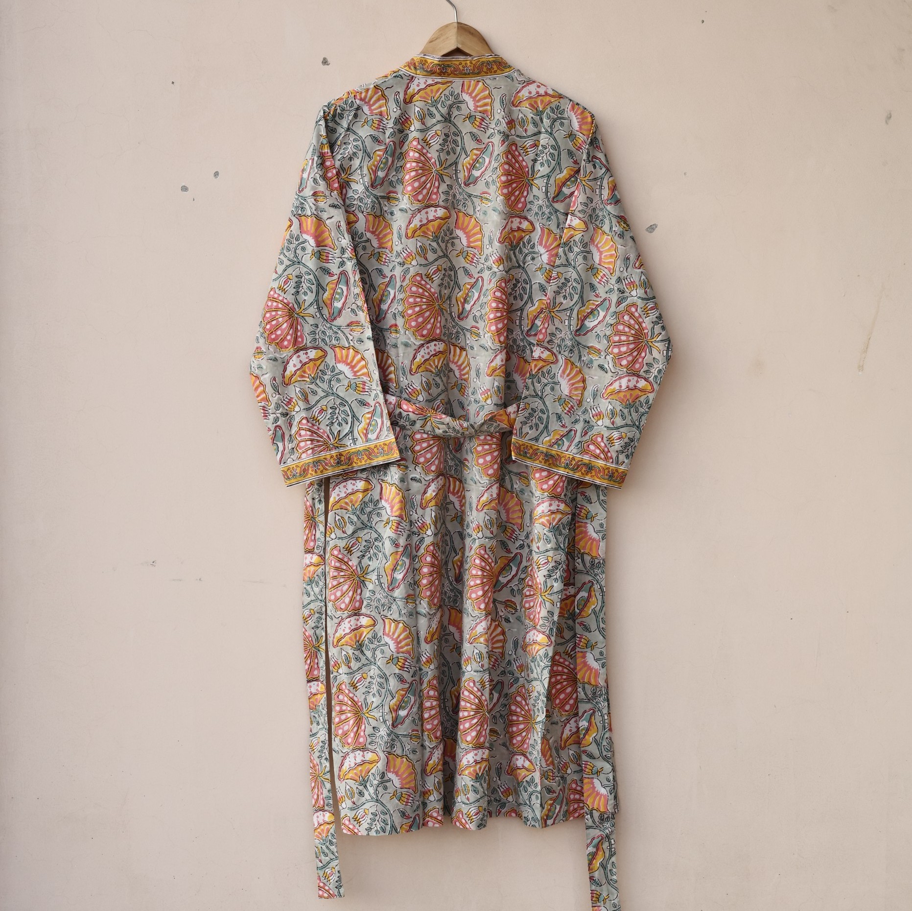 Blossom Breeze Block Printed Cotton Kimono In Beige & Multicolor With Spacious Pockets - Image 3
