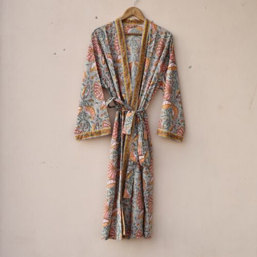 Blossom Breeze Block Printed Cotton Kimono In Beige & Multicolor With Spacious Pockets