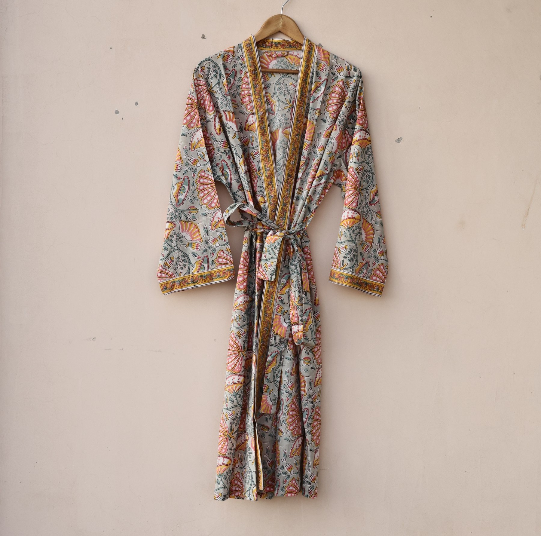 Blossom Breeze Block Printed Cotton Kimono In Beige & Multicolor With Spacious Pockets