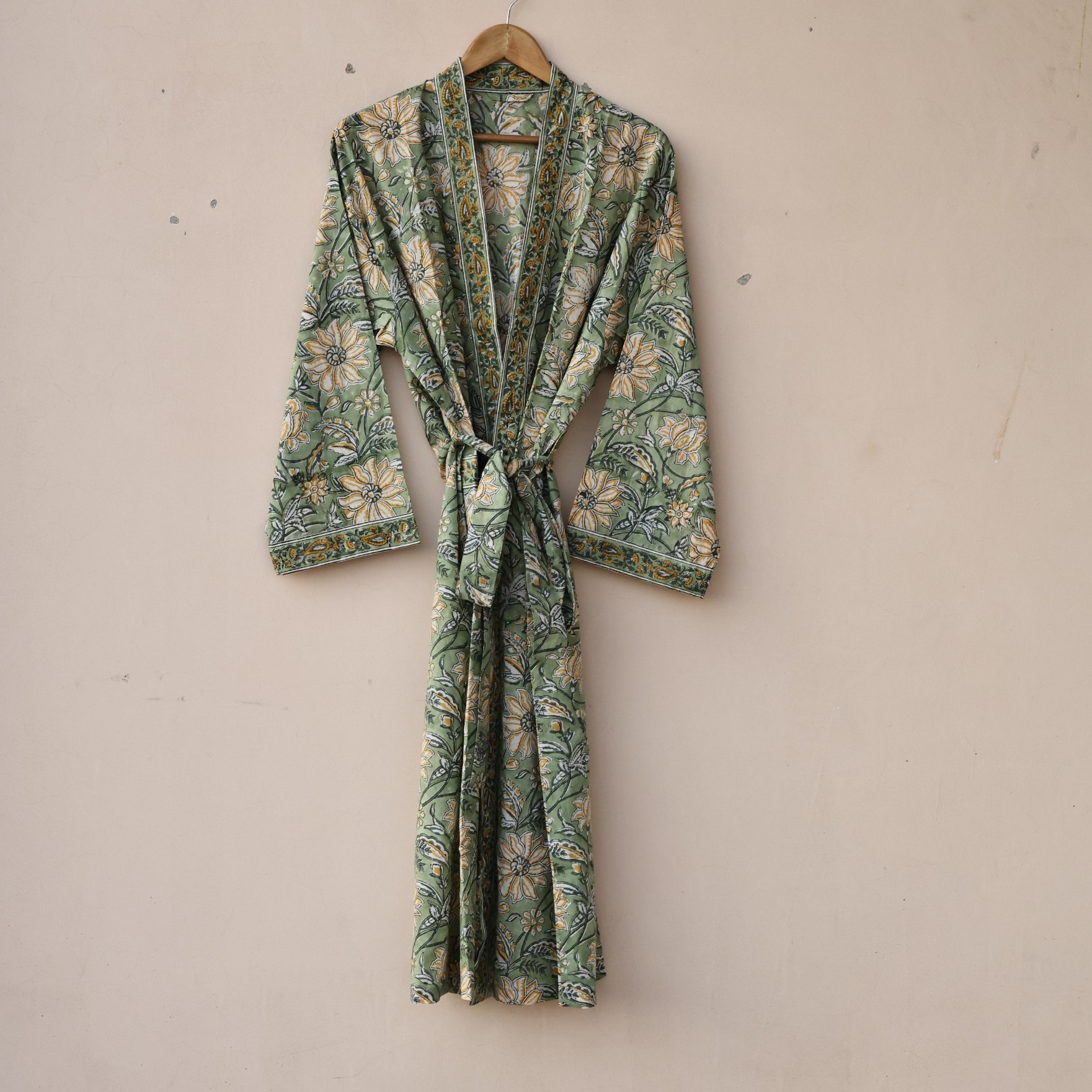 Garden Glow Block Printed Cotton Kimono With Spacious Pockets
