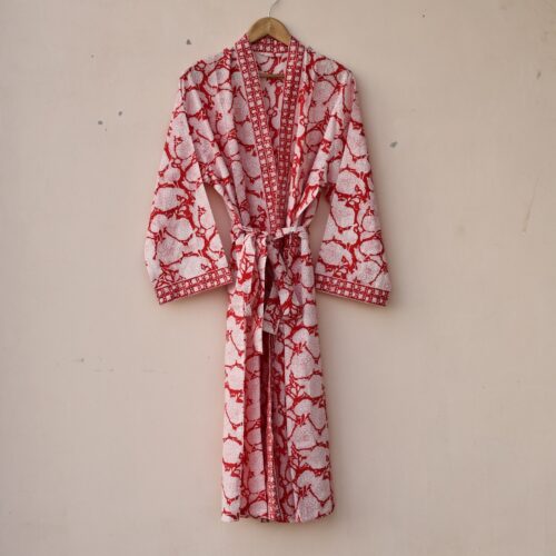 Rose Garden Block Printed Cotton Kimono With Spacious Pockets
