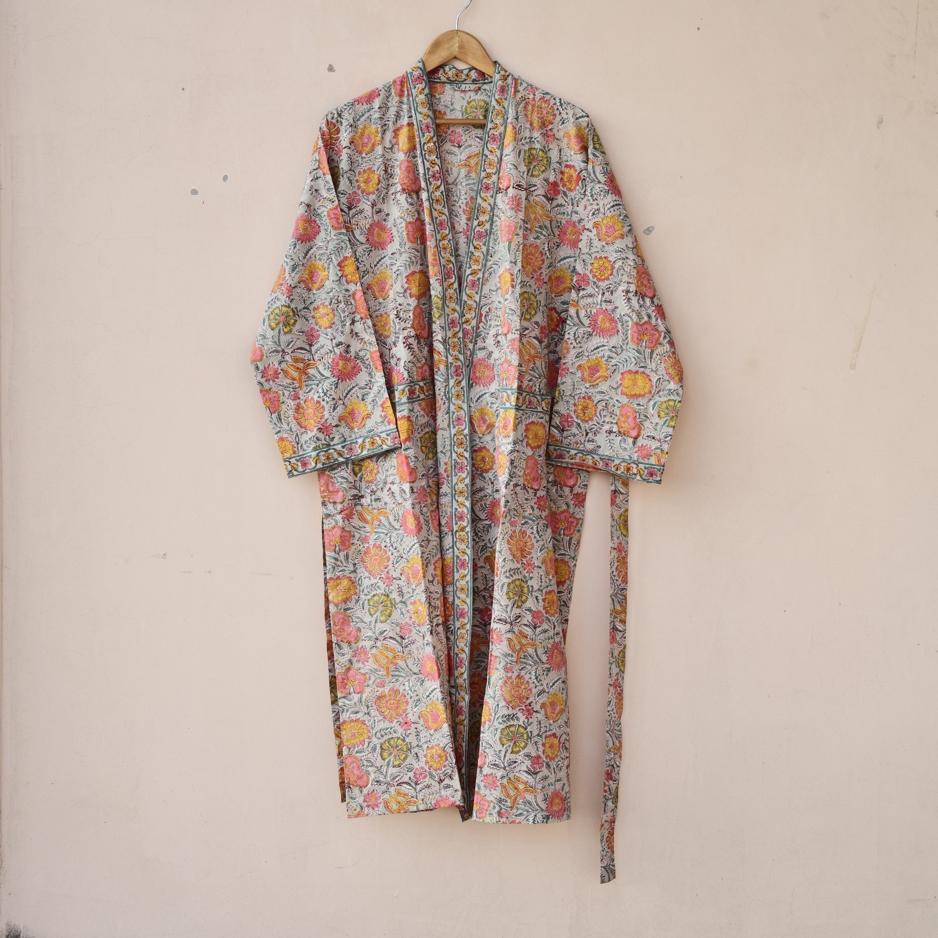 Floral Beauty Block Printed Cotton Kimono In Beige & Multicolor With Spacious Pockets - Image 2