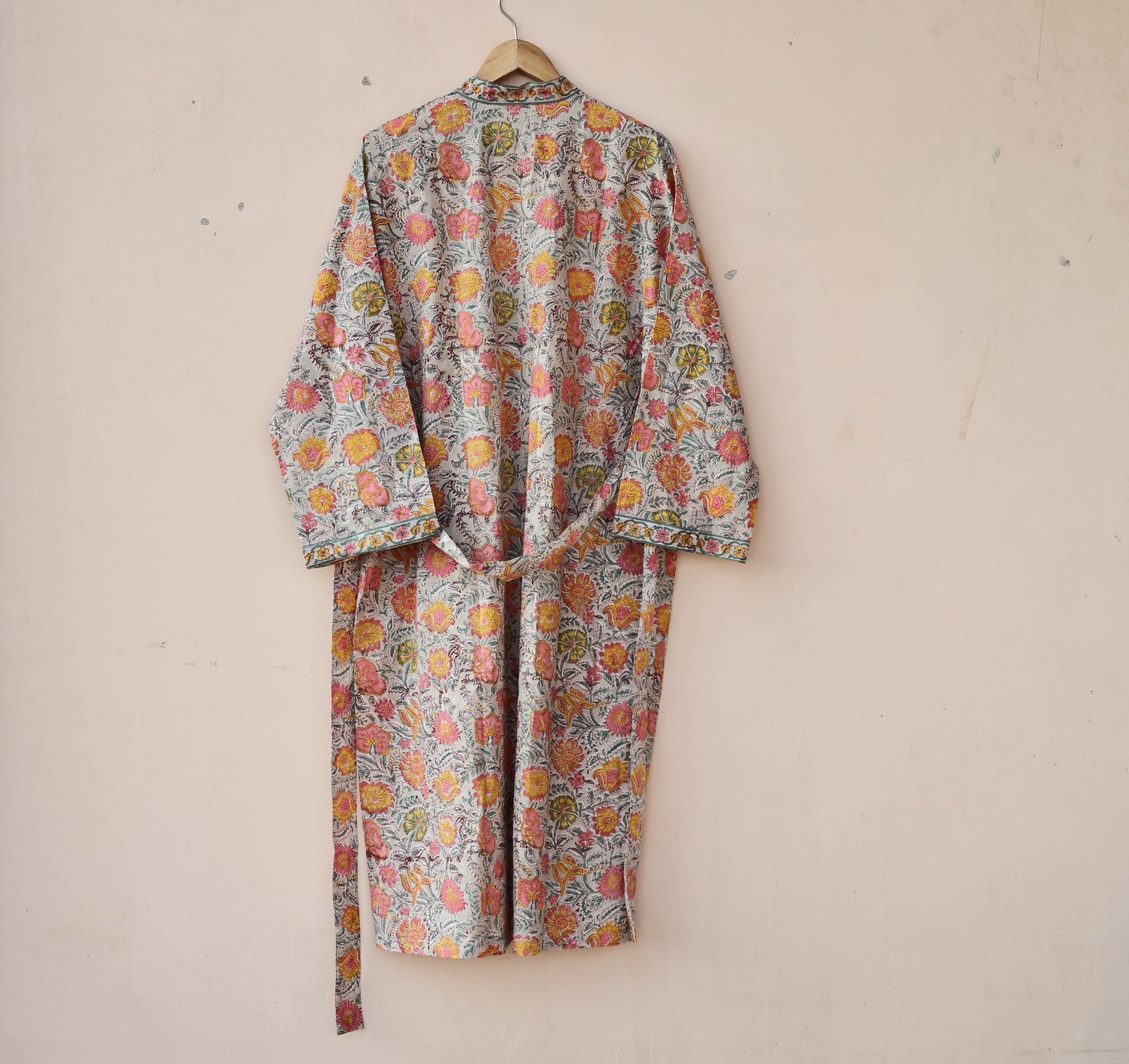 Floral Beauty Block Printed Cotton Kimono In Beige & Multicolor With Spacious Pockets - Image 3