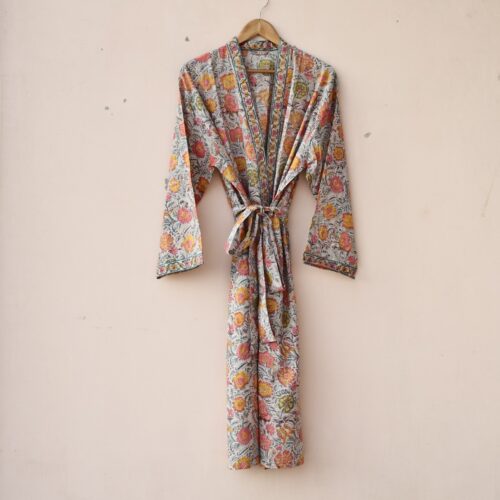 Floral Beauty Block Printed Cotton Kimono In Beige & Multicolor With Spacious Pockets