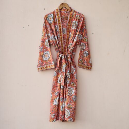 Daisy Dream Block Printed Cotton Kimono In Beige & Multicolor With Spacious Pockets