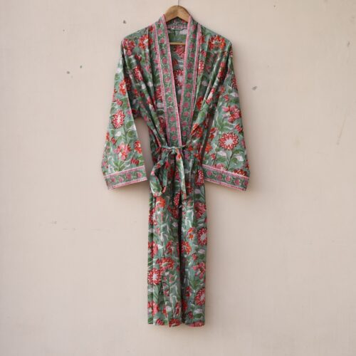 Floral Muse Cotton Kimono Block Printed Cotton Kimono With Spacious Pockets