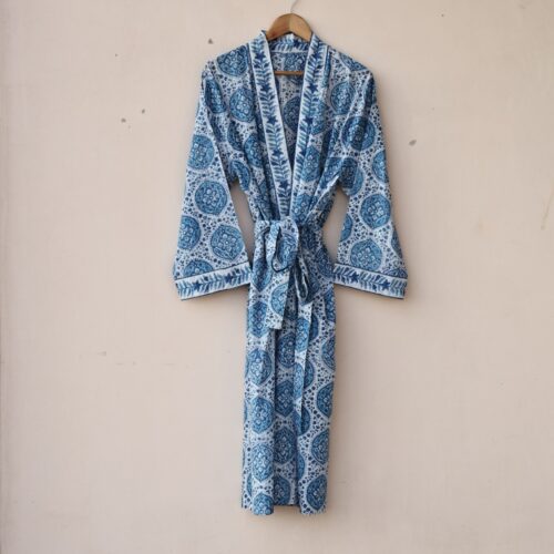 Comfort Feel Block Printed Cotton Kimono In Blue & White With Spacious Pockets