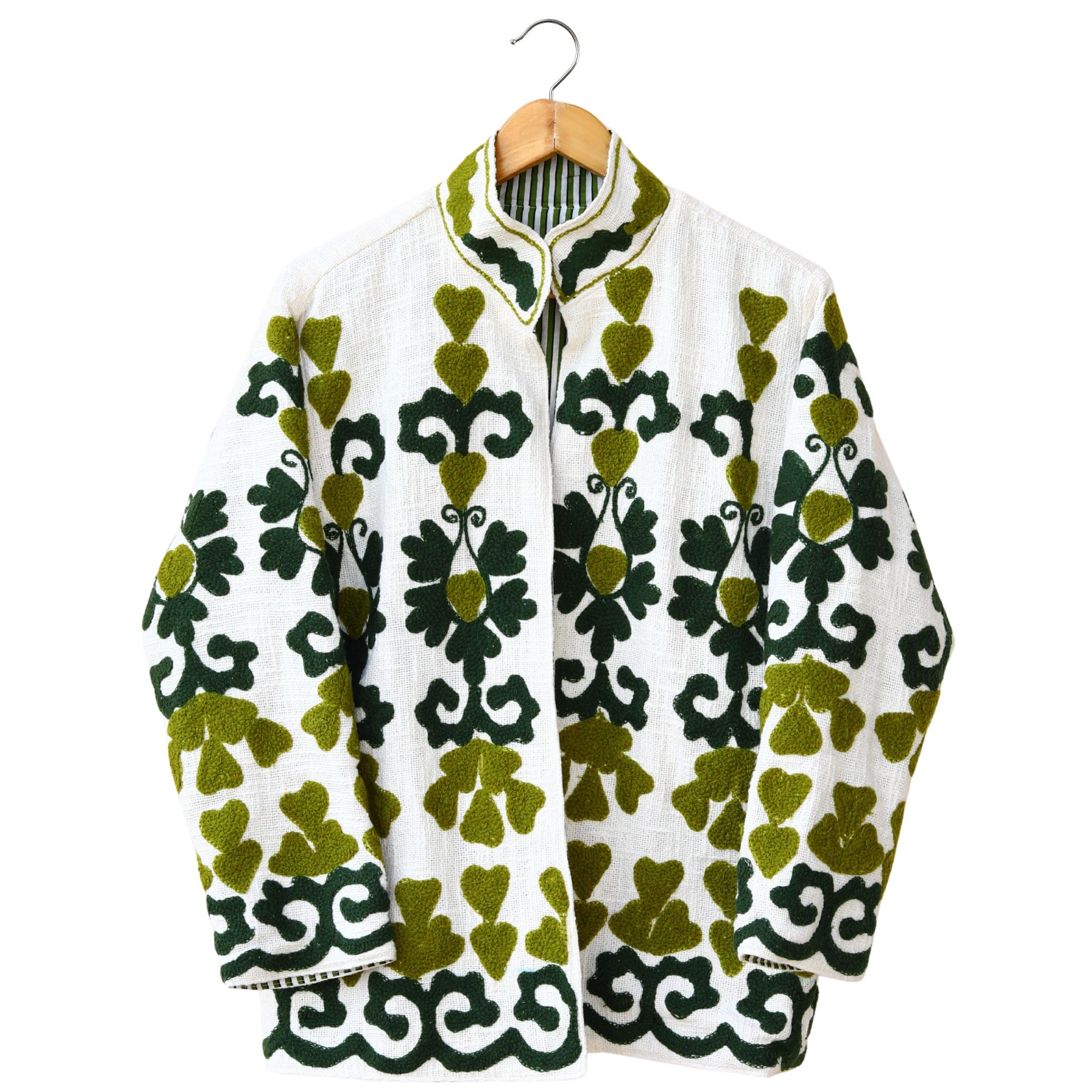 College Crush Slub Suzani Jacket In White & Green - Image 2