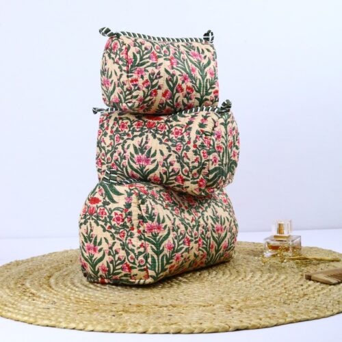 Floral Elegance Beauty Kit Screen Printed Set Of 3 Toiletry Pouches