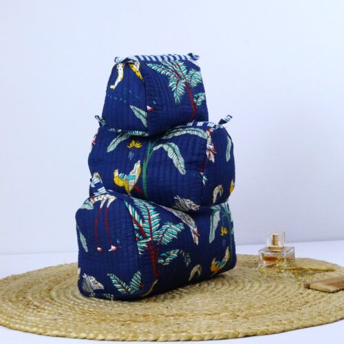 Beauty Buddy Screen Printed Set Of 3 Toiletry Pouches in Blue & Multicolor