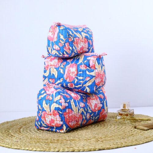 Pretty Pack Screen Printed Set Of 3 Toiletry Pouches in Blue & Pink