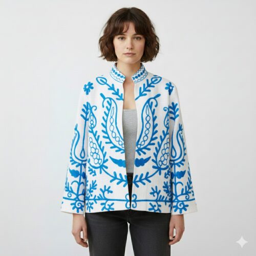 Color Crush Slub Suzani Jacket In White & Sky blue