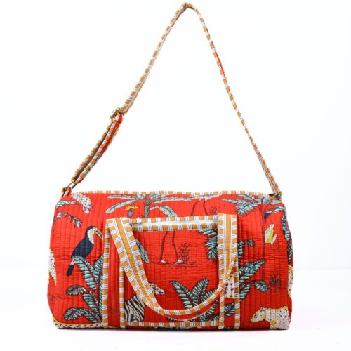 Jungle Print Screen Printed Cotton Quilted Duffle Bag With Sturdy Handle