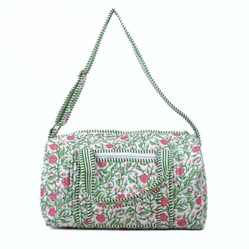 Floral Jaal Quilted Screen Printed Cotton Duffle Bag With Sturdy Handle
