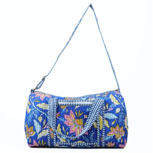 Blue Floral Screen Printed Cotton Quilted Duffle Bag With Sturdy Handle