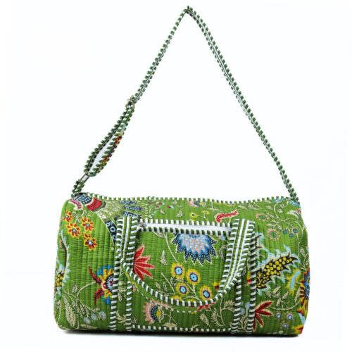 Botanical Green Screen Printed Cotton Quilted Duffle Bag With Sturdy Handle