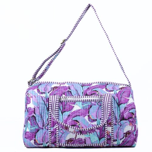 Leaf Print Quilted Screen Printed Cotton Duffle Bag With Sturdy Handle