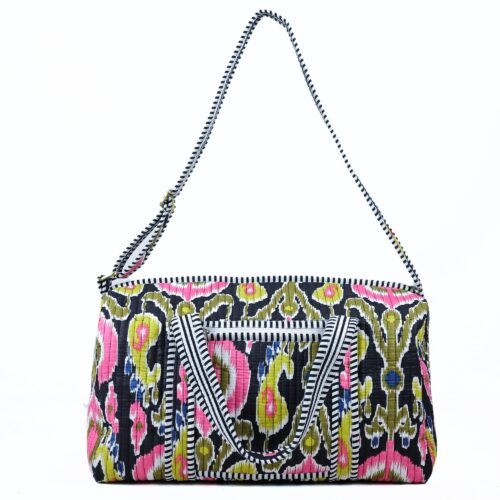 Ikat Print Screen Printed Cotton Quilted Duffle Bag With Sturdy Handle