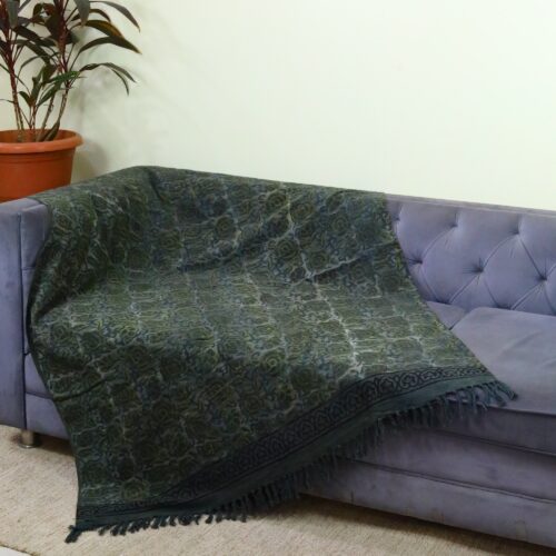 Floral Vibe Ajrakh Printed Cotton Slub Throw In Herbal Green Colour
