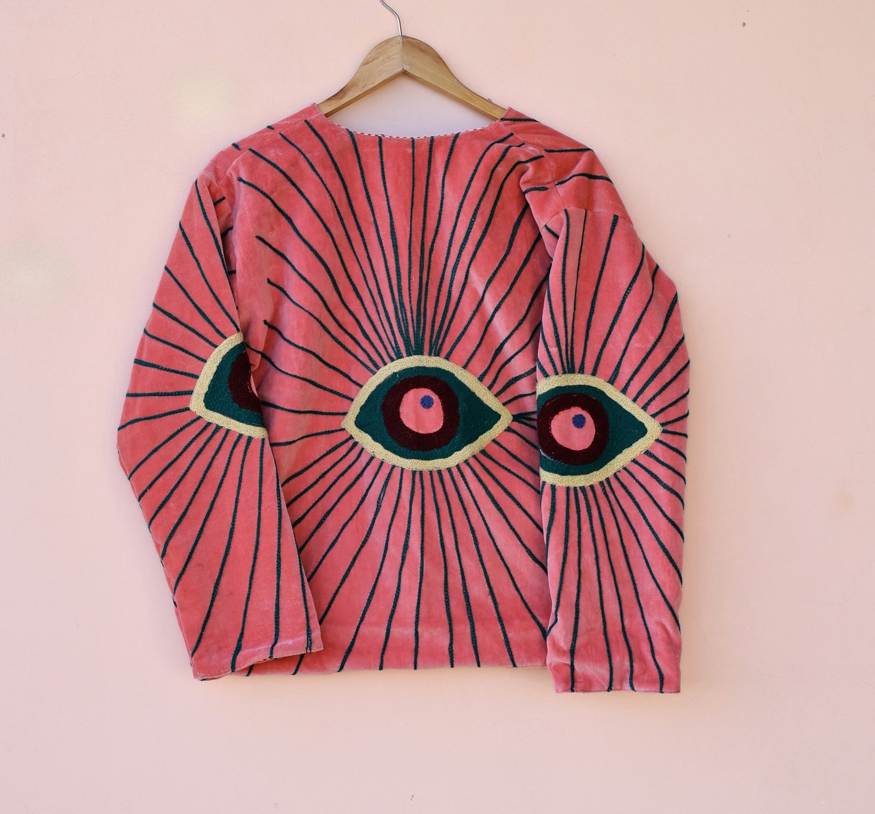 Coral Bloom Nazar Suzani Hand Embroidery Velvet Jacket - Image 2