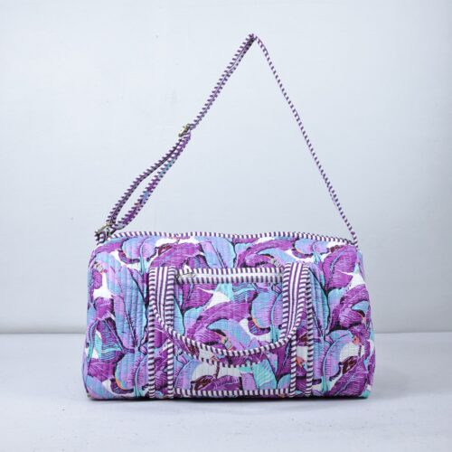 Leaf Print Quilted Screen Printed Cotton Duffle Bag With Sturdy Handle