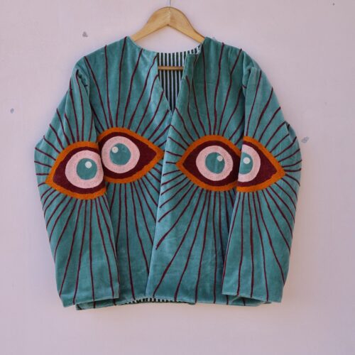 Suzani Hand Embroidery Velvet Jacket In Sea Green & Multicolor