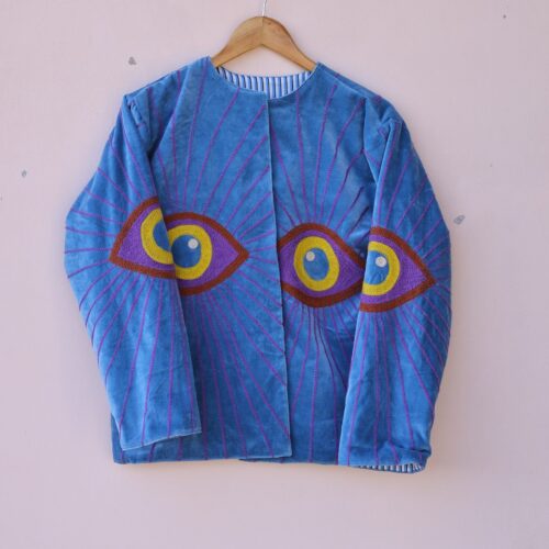 Eternal Eye Suzani Hand Embroidery Velvet Jacket In Bright Sky Blue & Multicolor
