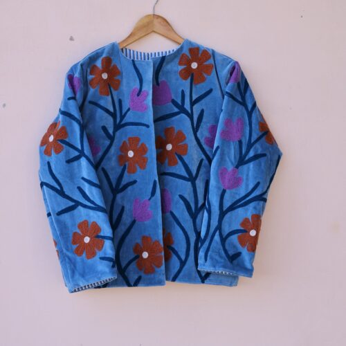 Suzani Hand Embroidery Velvet Jacket In Blue & Multicolor