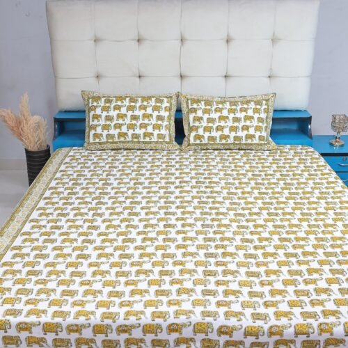 Gajraj Elegance Hand Block Printed Cotton Bedsheet and Two Pillow Covers Set