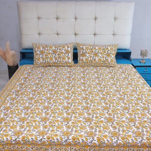 Floral Hand Block Printed Cotton Bedsheet and Two Pillow Covers Set