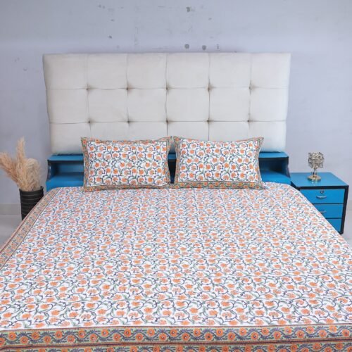 Floral Beauty Hand Block Printed Cotton Bedsheet and Two Pillow Covers Set