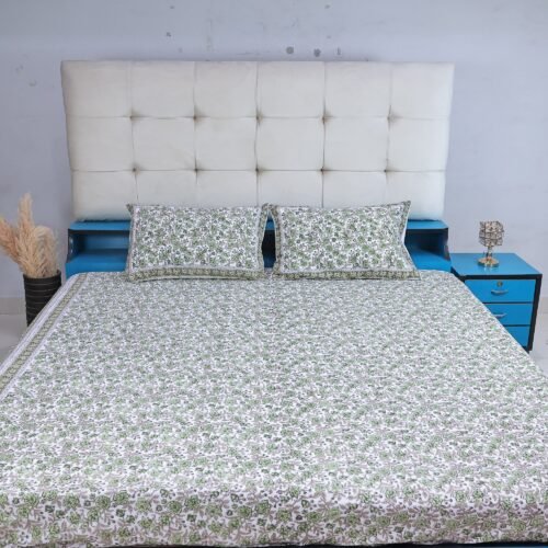 Blossom Haven Hand Block Printed Cotton Bedsheet and Two Pillow Covers Set