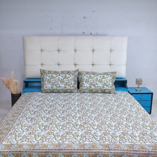Floral Jaal Hand Block Printed Cotton Bedsheet and Two Pillow Covers Set
