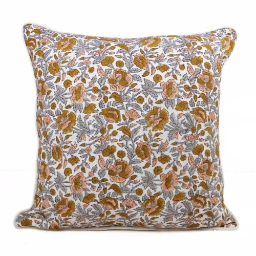 Cotton Canvas Hand Block Printed Cushion Cover In Brown & Multicolor