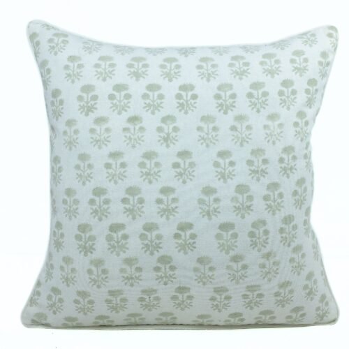 Floral Beauty Cotton Canvas Hand Block Printed Cushion Cover In Sage Green