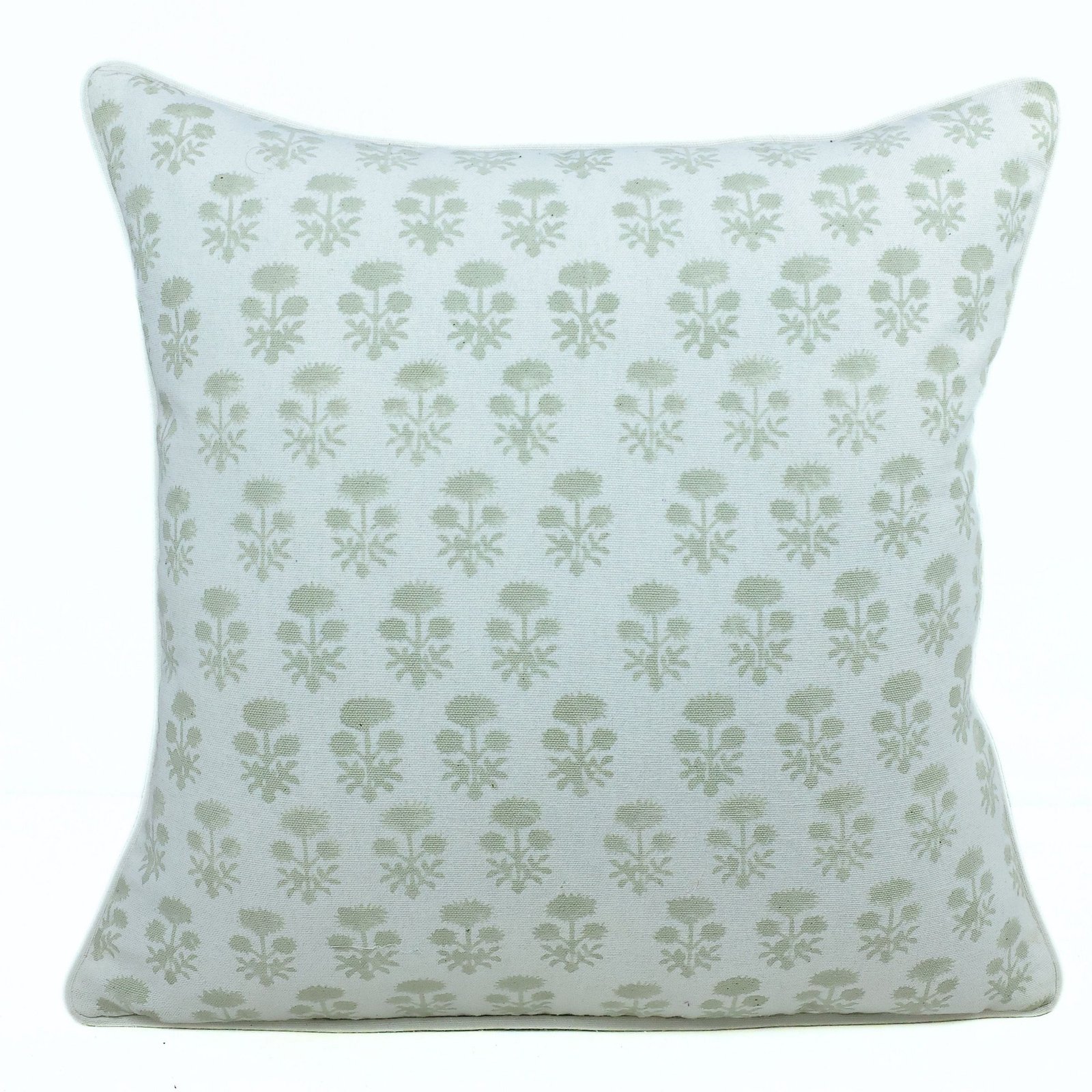 Floral Beauty Cotton Canvas Hand Block Printed Cushion Cover In Sage Green