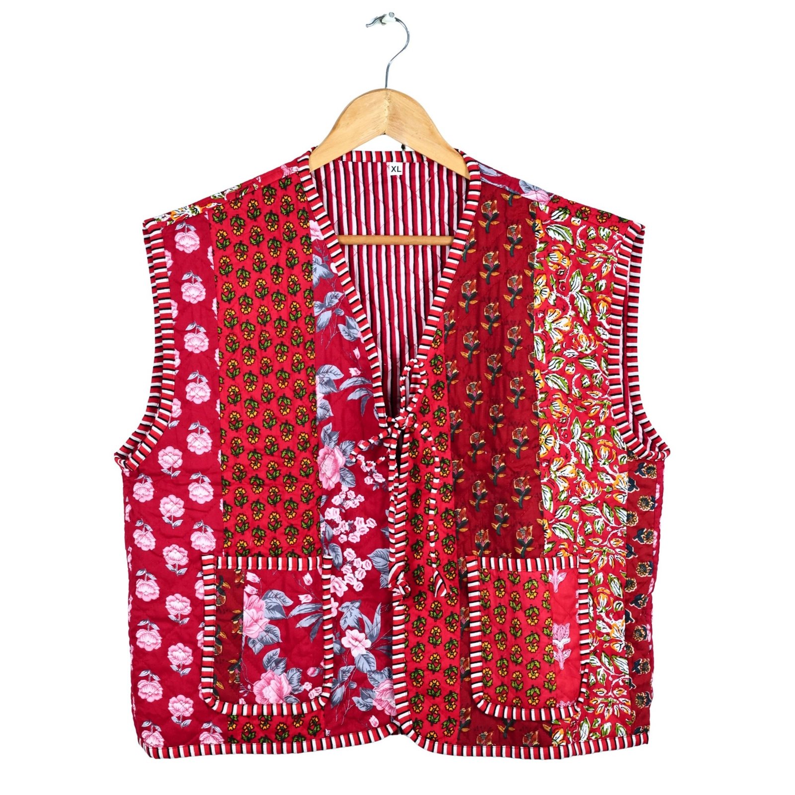 Elegant Patchwork Style Cotton Quilted Jacket In Red & Multicolor - Image 2